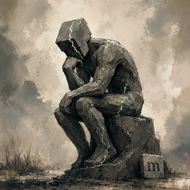 A fractured stone figure seated in contemplation, faint green light glowing through its cracks.